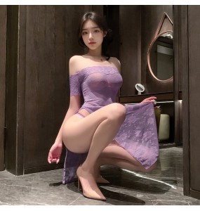 FEE ET MOI - Sheer Rose Off-Shoulder Cheongsam (Purple)